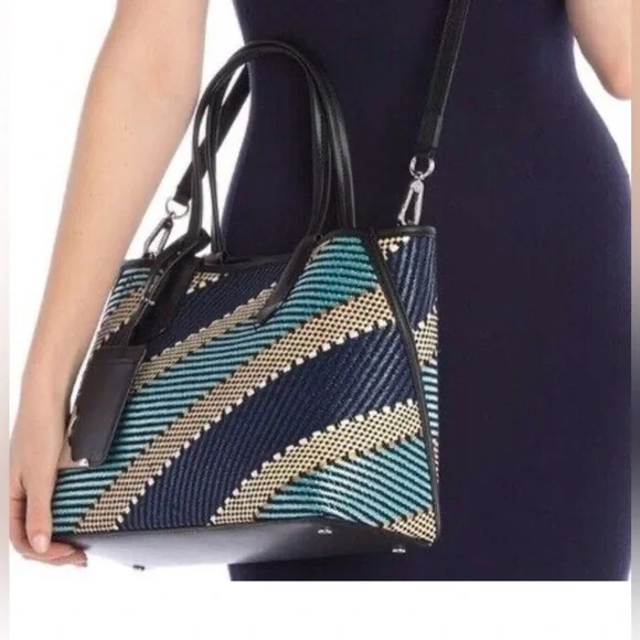 CALVIN KLEIN Jacky Raffia Straw Slouchy Tote Blue Gold Multi Bag AUTHENTIC NWT